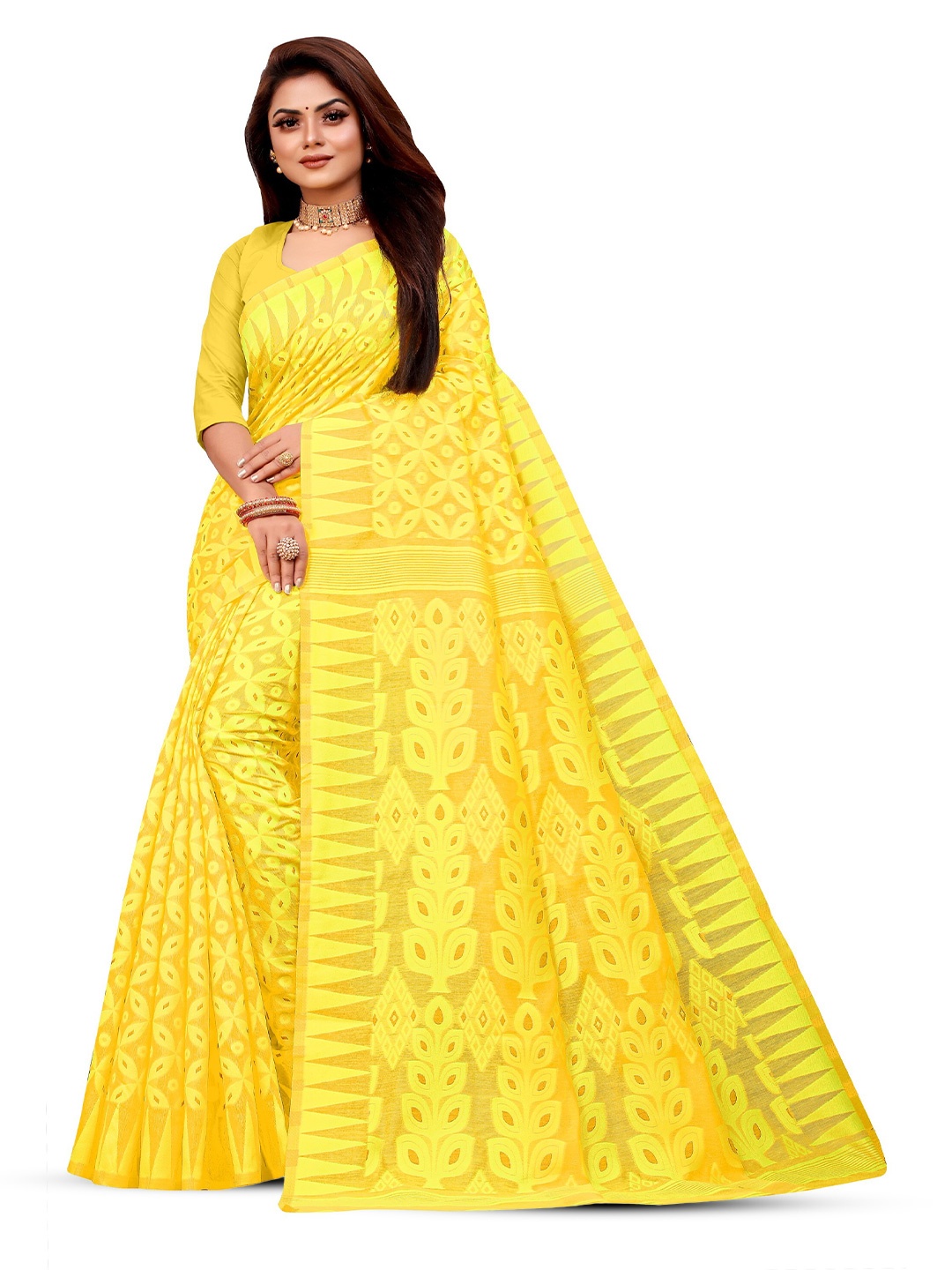 

ANISSA SAREE Floral Woven Design Jamdani Saree, Yellow