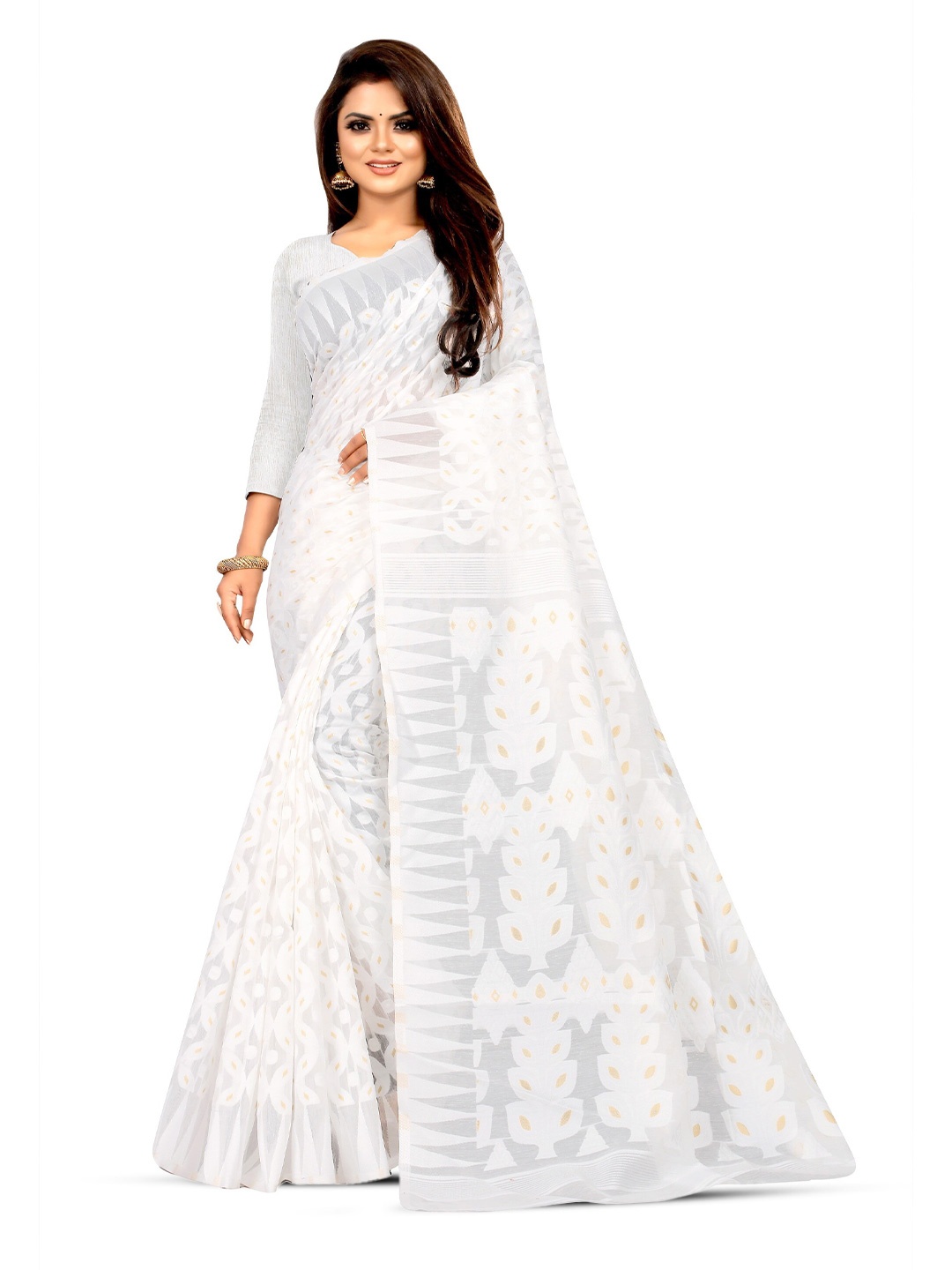 

ANISSA SAREE Floral Woven Design Jamdani Saree, White