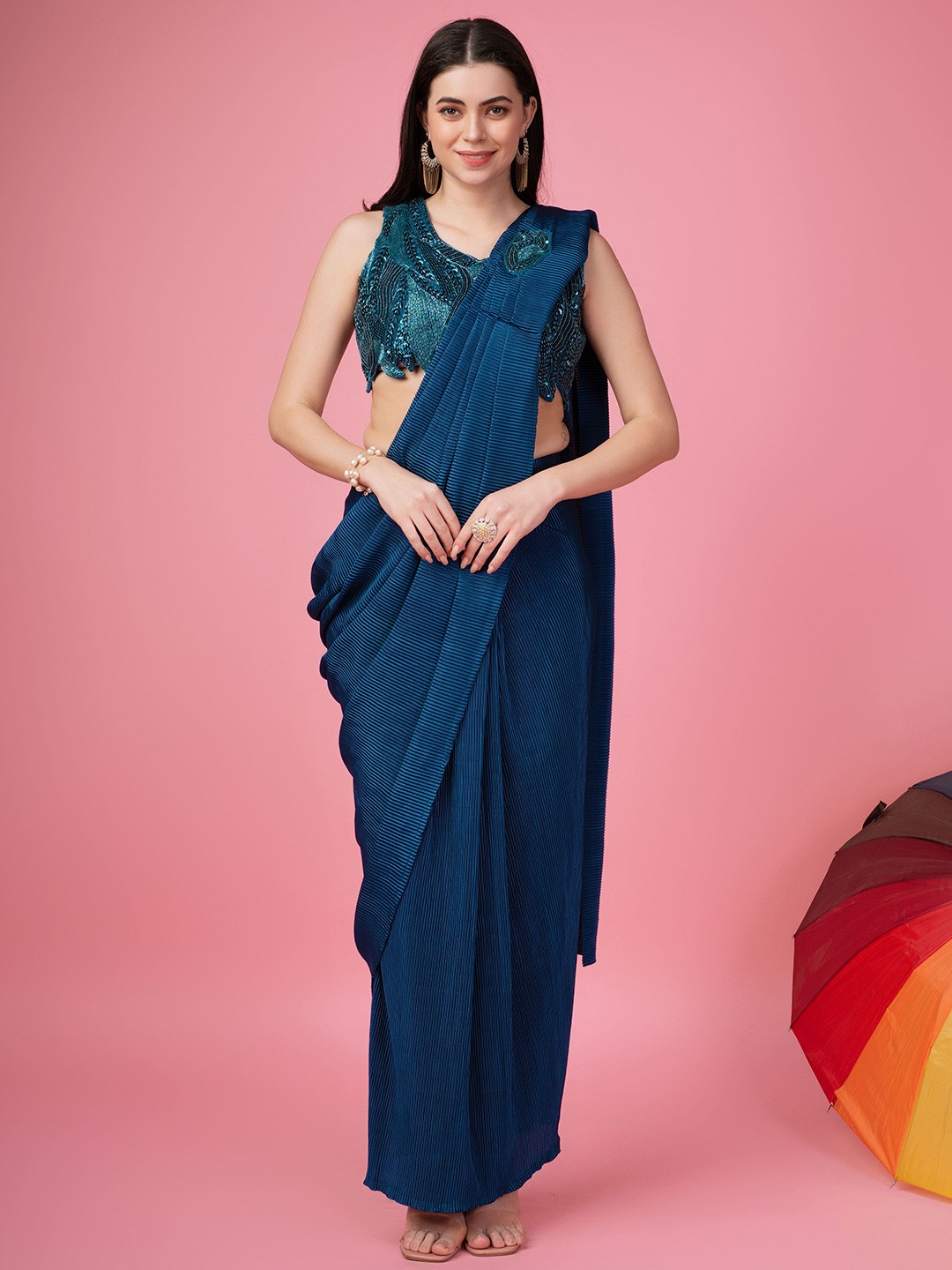 

AMOHA TRENDZ Sequinned Ready to Wear Saree, Blue