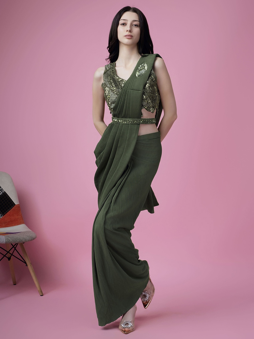

AMOHA TRENDZ Sequinned Ready to Wear Saree, Olive