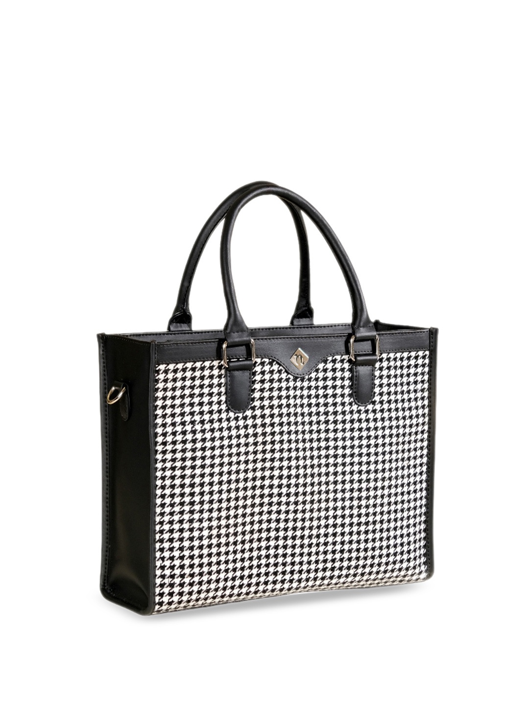 

Nestasia Houndstooth Patterned Handheld Bag with Strap, Black