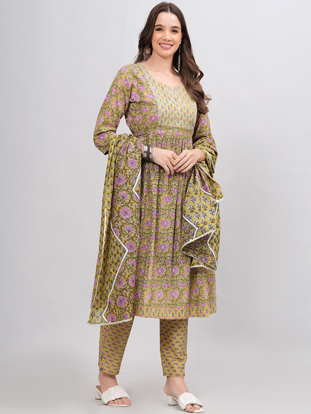 

KALINI Floral Printed Empire Gotta Patti Pure Cotton Kurta With Trousers & Dupatta, Green