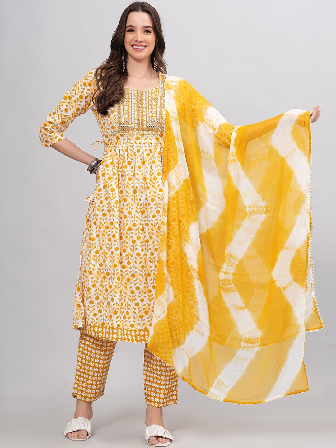 

KALINI Floral Printed Empire Gotta Patti Pure Cotton Kurta With Trousers & Dupatta, Yellow