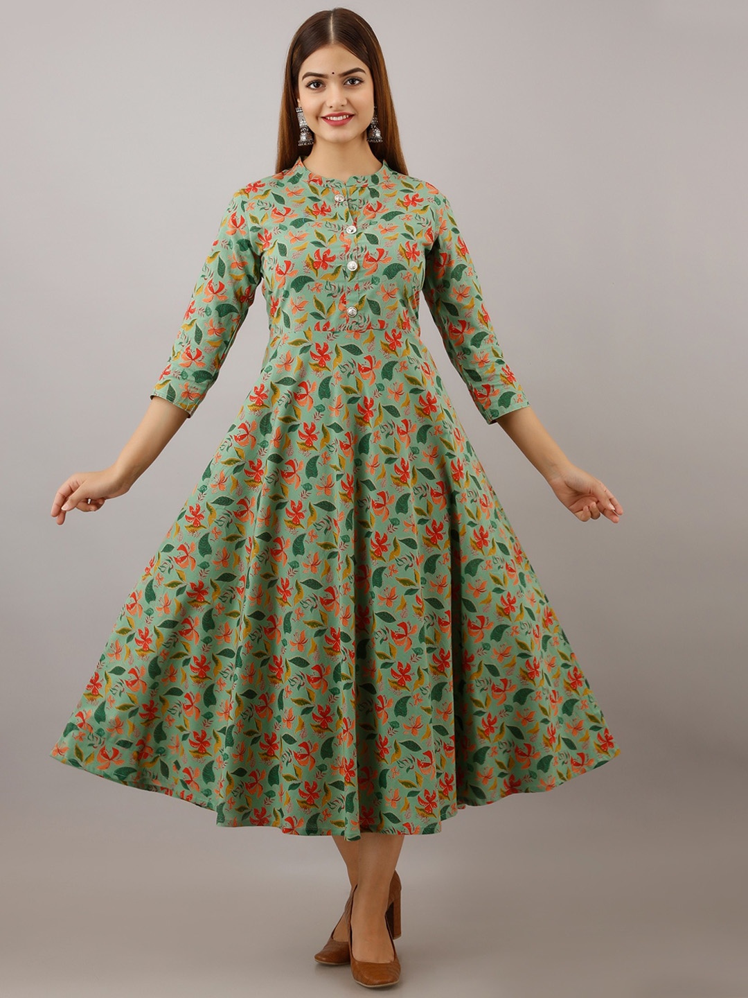 

BAIRAJ Women Floral Printed Thread Work Floral Anarkali Kurta, Green