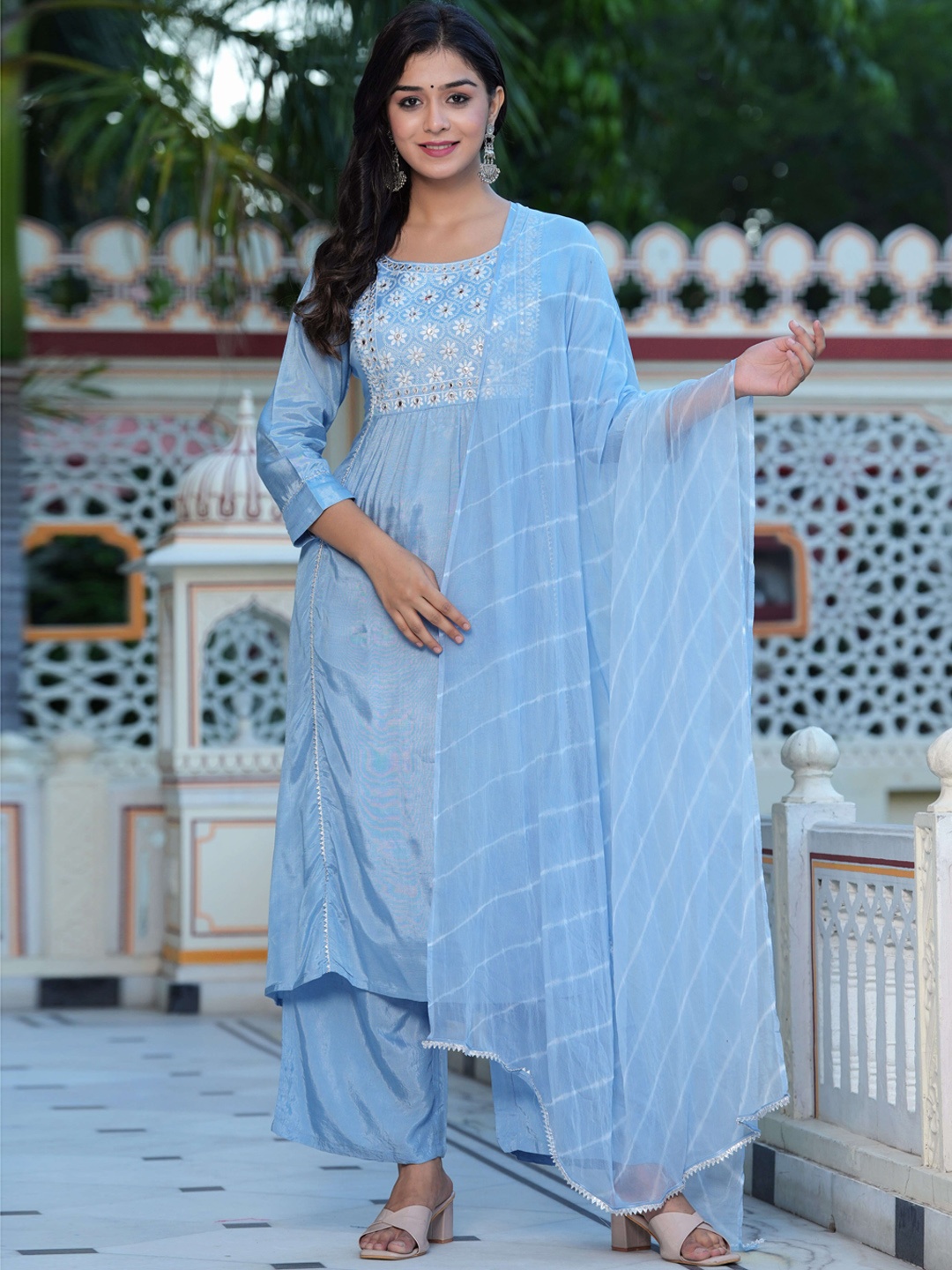 

BAESD Floral Embroidered Flared Mirror Work Anarkali Kurta With Palazzos & Dupatta, Turquoise blue