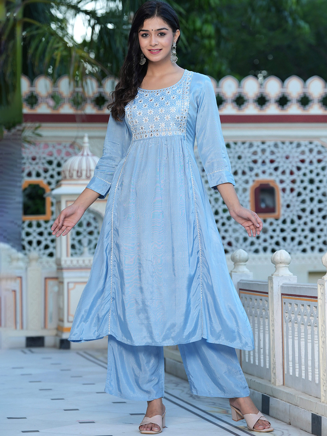 

BAESD Floral Embroidered Flared Mirror Work Anarkali Kurta With Palazzo, Turquoise blue