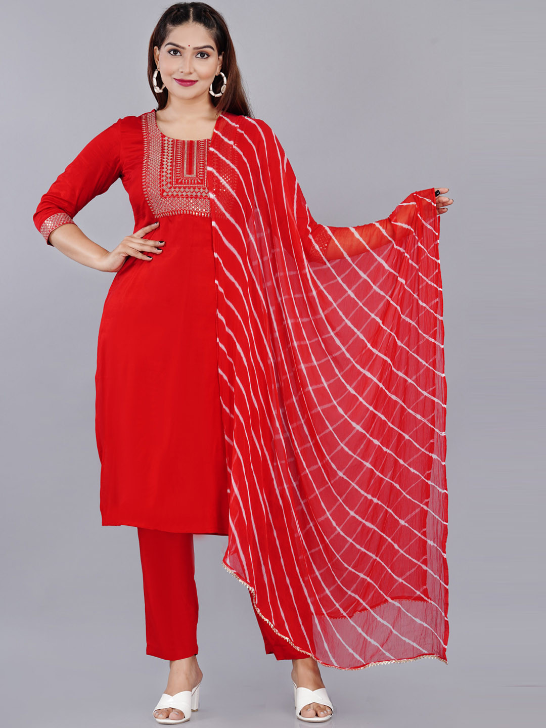 

BAESD Floral Yoke Design Sequinned Kurta with Trousers & Dupatta, Red
