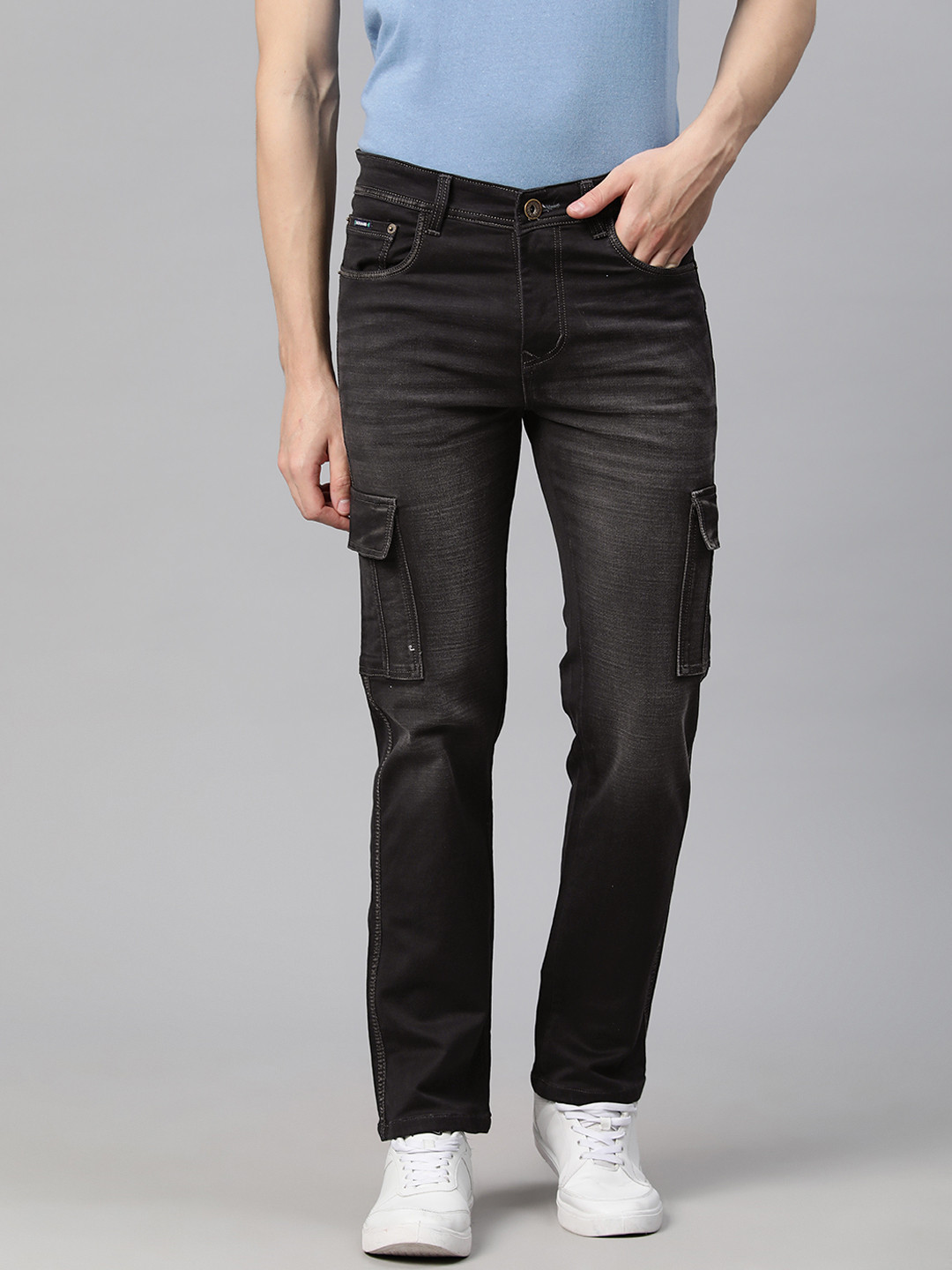 

Rodamo Men Relaxed Fit Light Fade Stretchable Cargo Jeans, Black