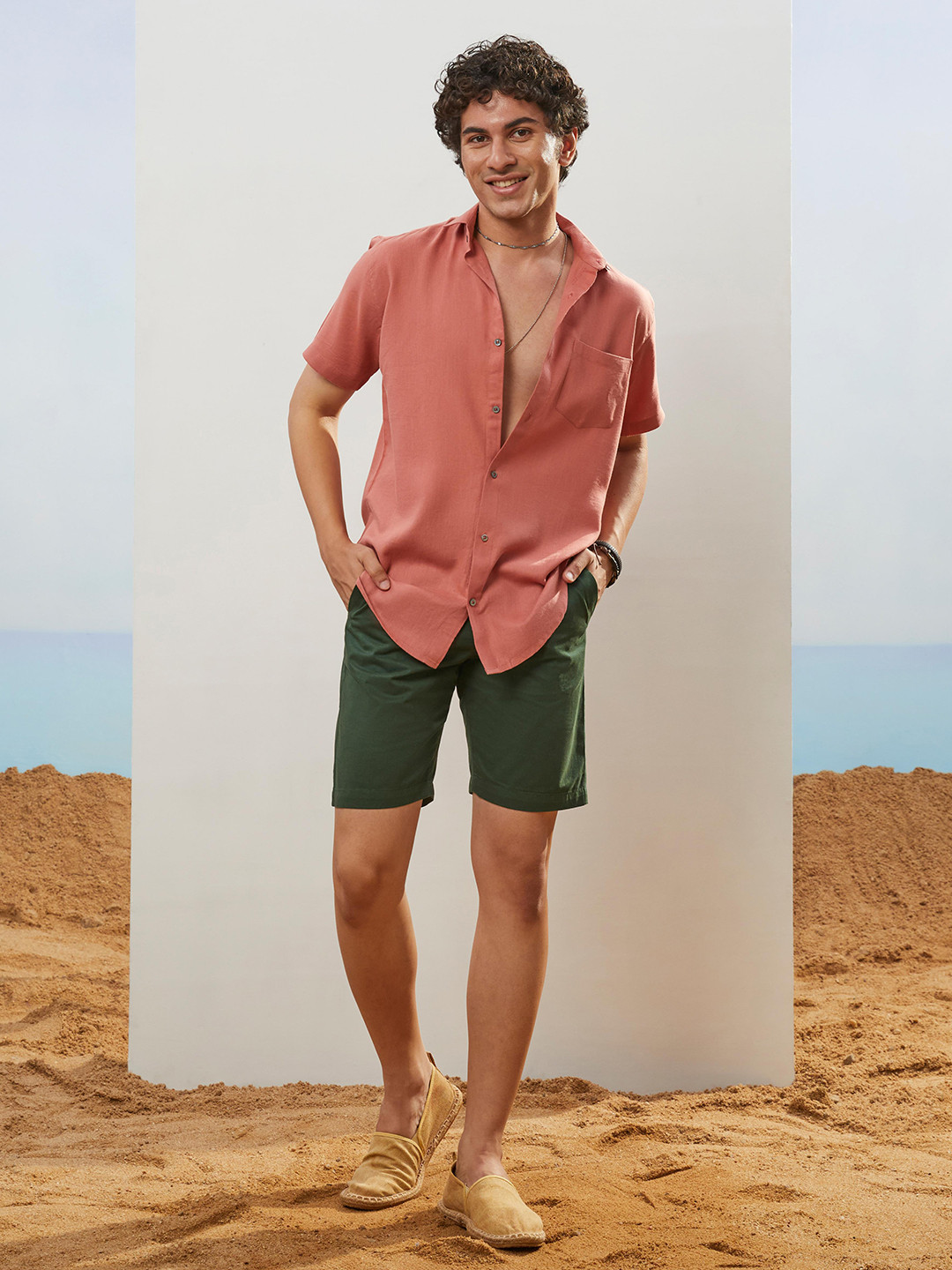 

CMGE Relaxed Spread Collar Short Sleeves Cotton Casual Shirt, Coral