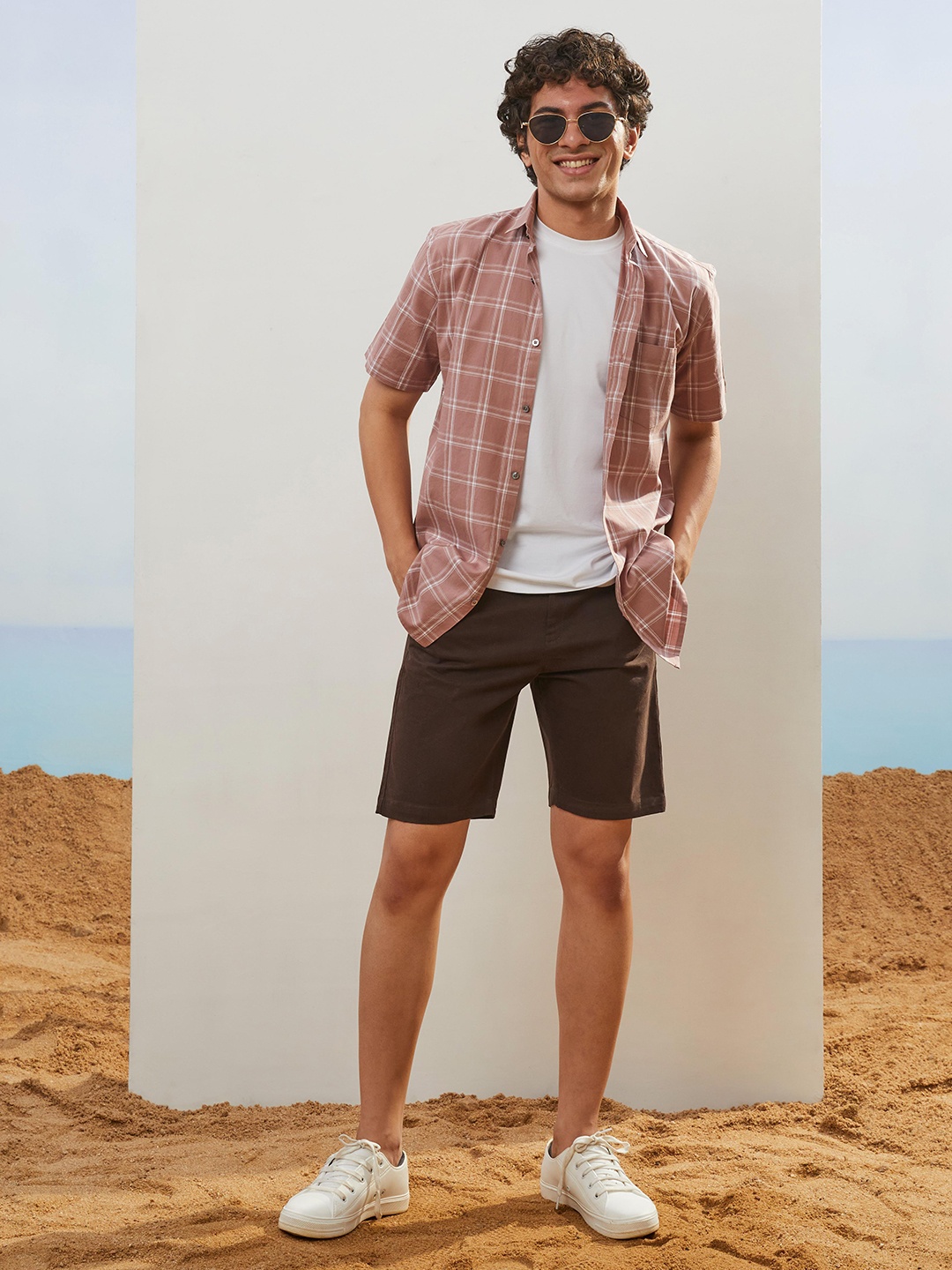 

CMGE Relaxed Tartan Checks Spread Collar Short Sleeves Cotton Casual Shirt, Red