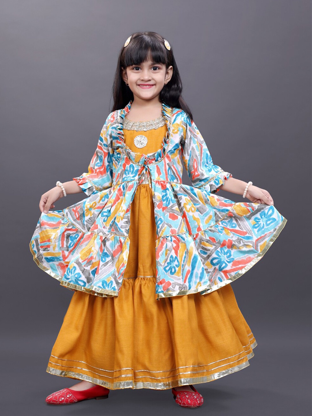 

BAESD Girls Pure Cotton Pleated Maxi Dress With Printed Jacket, Mustard