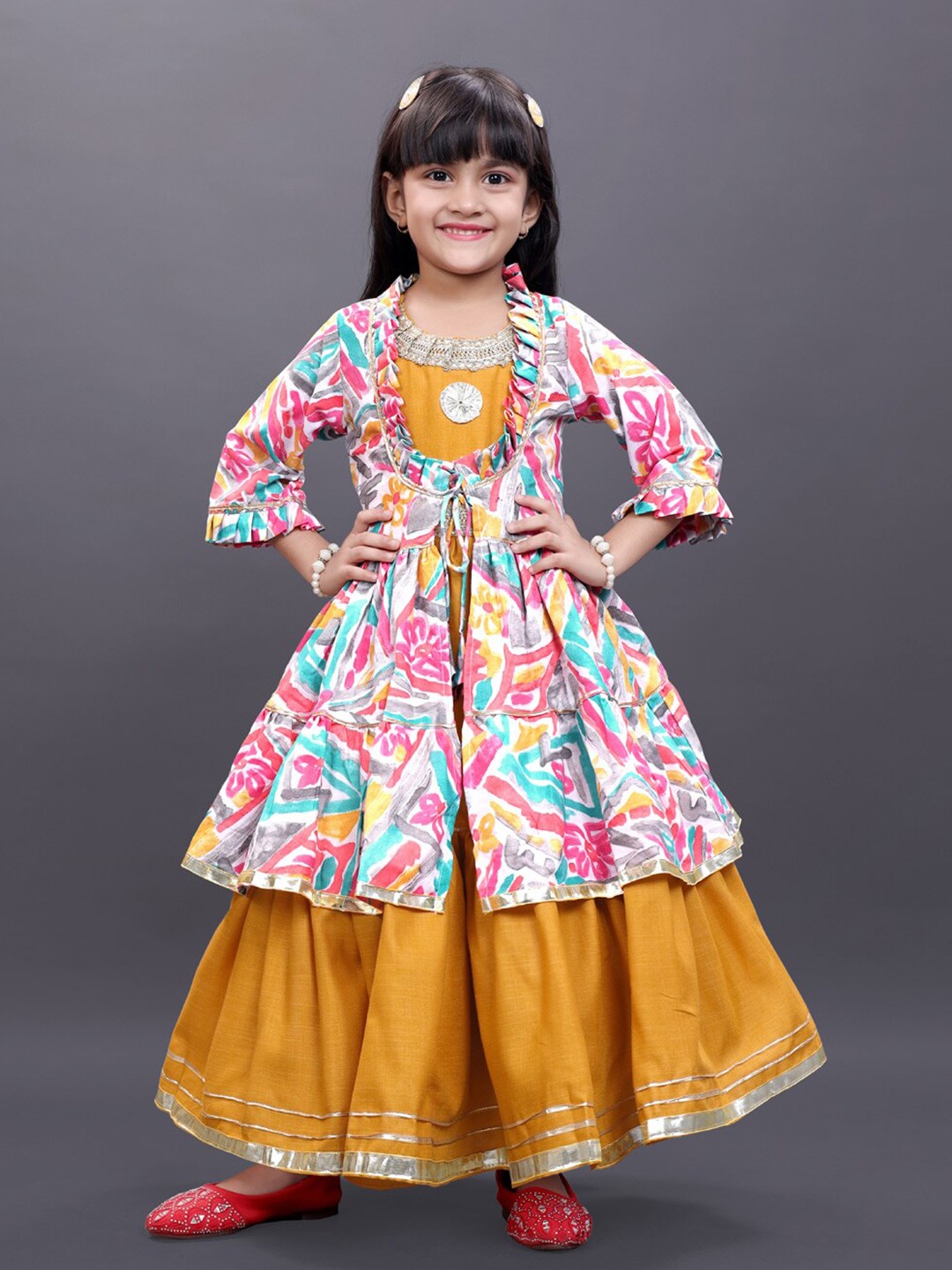 

BAESD Girls Pure Cotton Pleated Maxi Dress With Jacket, Mustard
