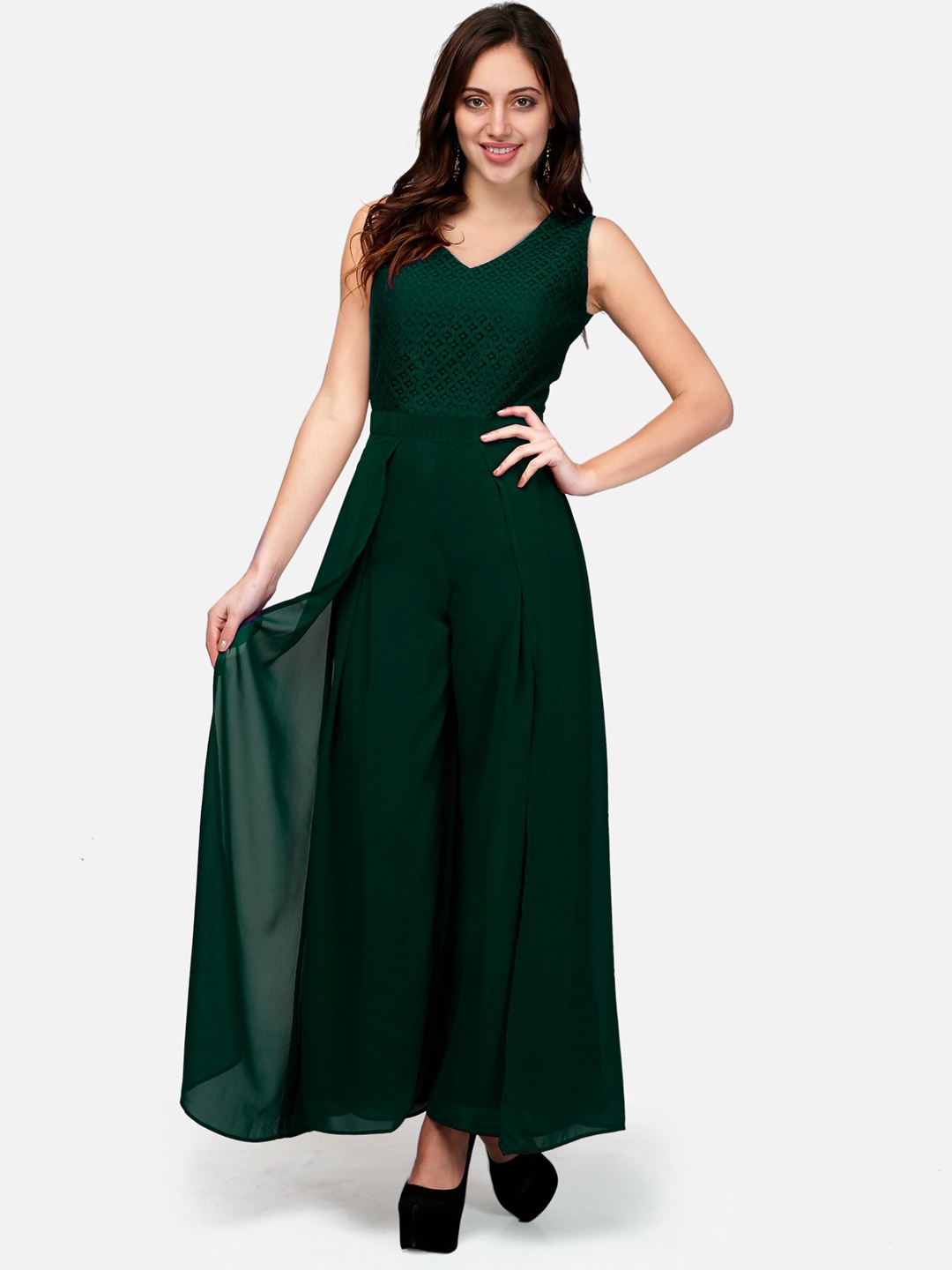 

V&M V-Neck Layered Basic Jumpsuit, Green