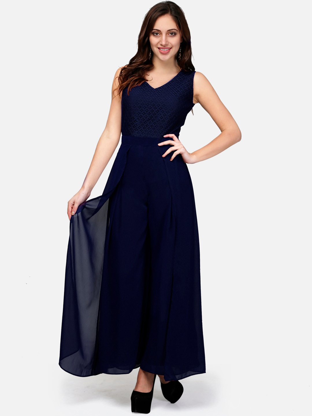 

V&M V-Neck Layered Basic Jumpsuit, Navy blue