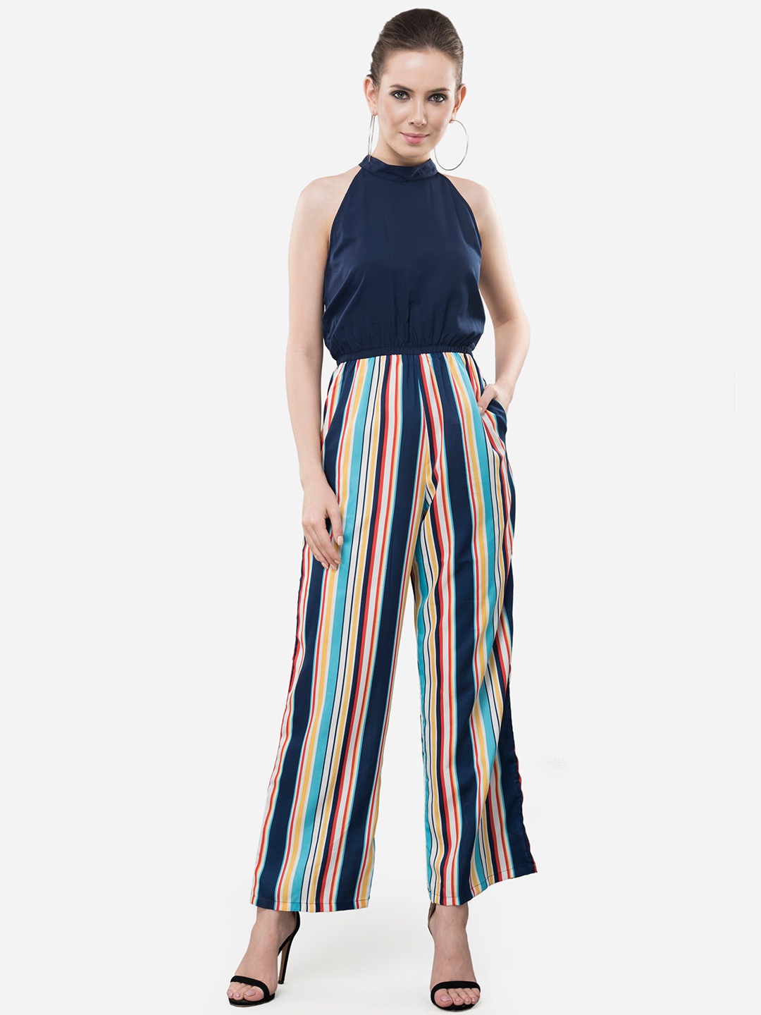 

V&M Striped Halter Neck Basic Jumpsuit, Navy blue