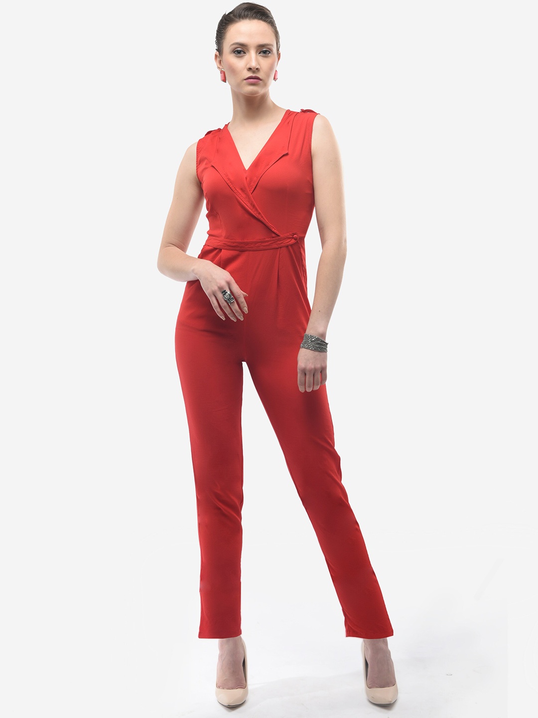 

V&M V-Neck Basic Jumpsuit, Red