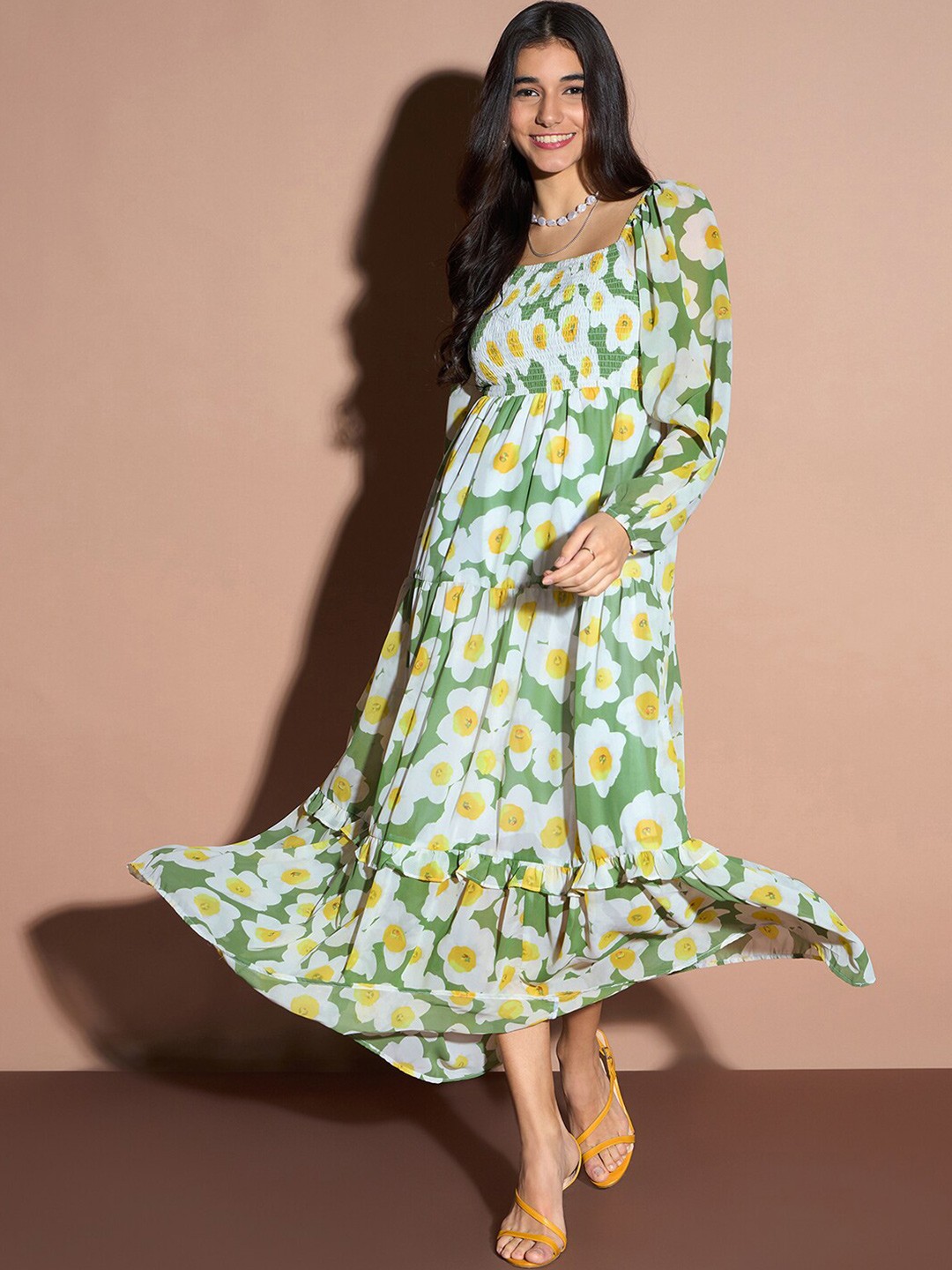 

Kibo Floral Print Puff Sleeve Crepe A-Line Maxi Dress, Green