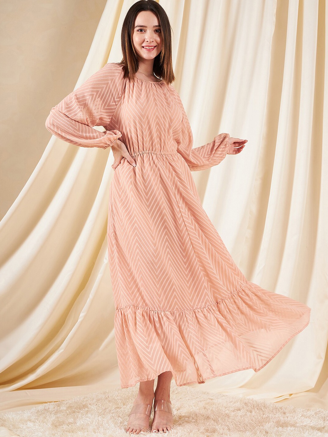 

Kibo Women Printed Cuffed Sleeve Maxi Dress, Peach