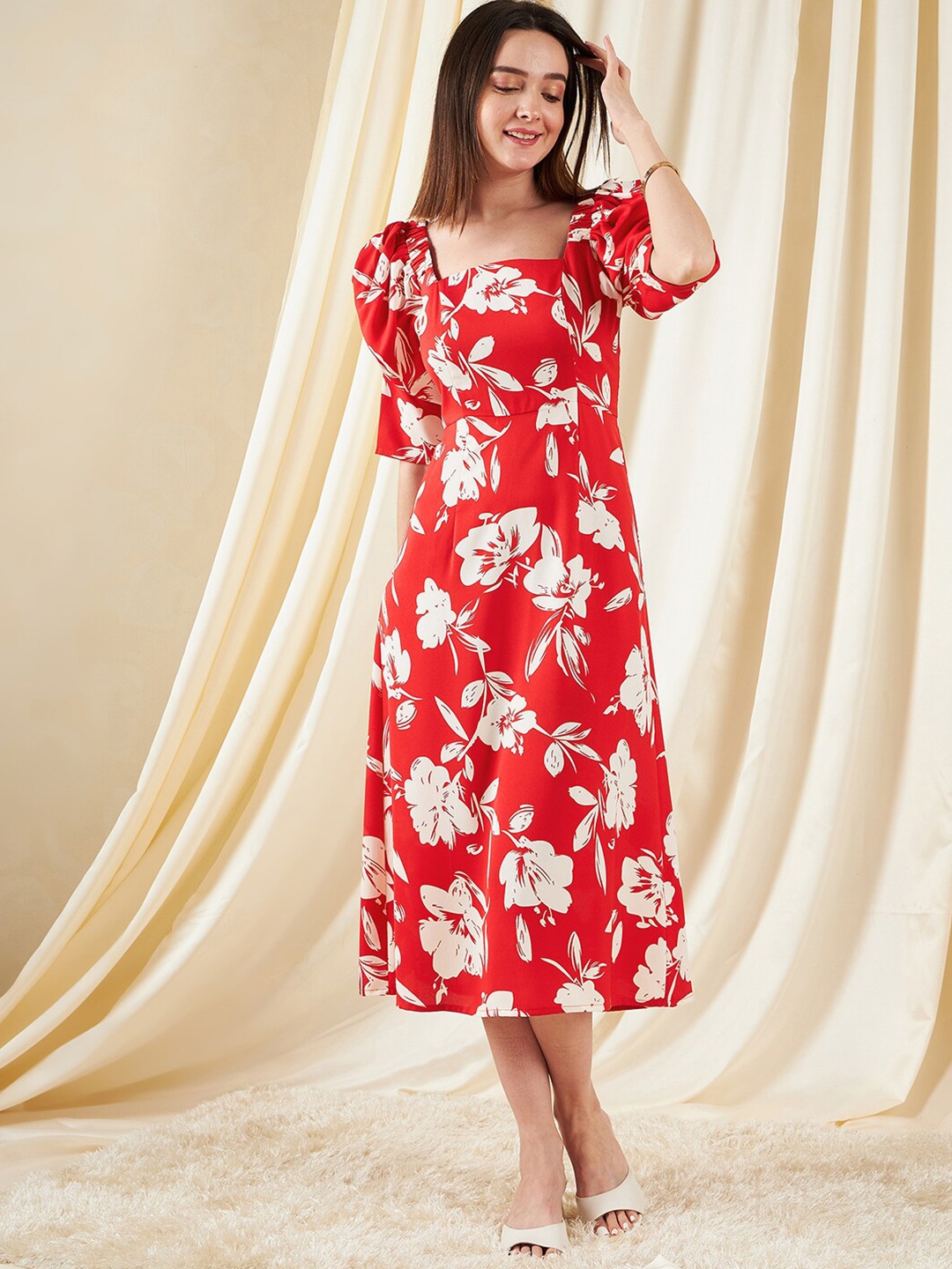 

Kibo Women Floral Printed Square neck Puff Sleeve A-line Midi Dress, Red