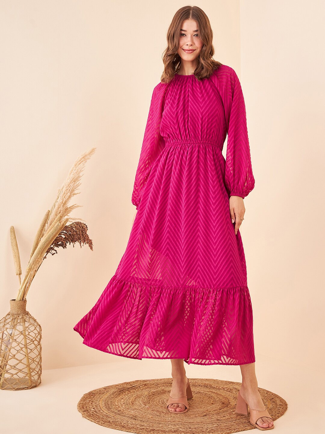 

Kibo Women Round neck Self Design Crepe Maxi Dress, Fuchsia