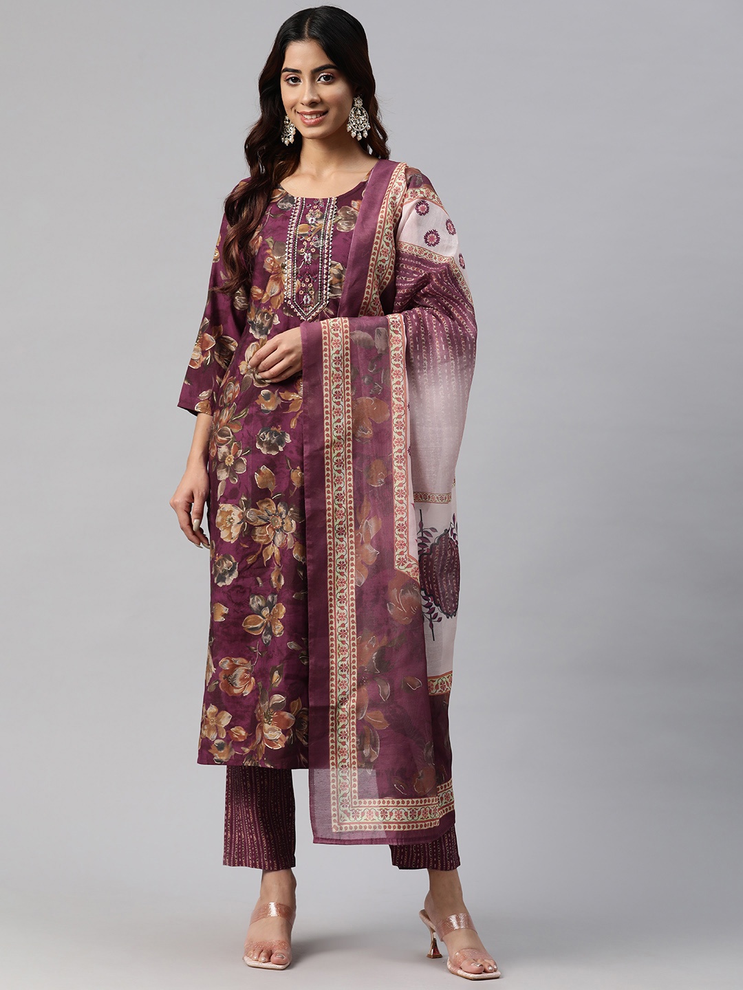 

Readiprint Floral Printed Mirror Work Pure Silk Kurta with Trousers & Dupatta, Burgundy