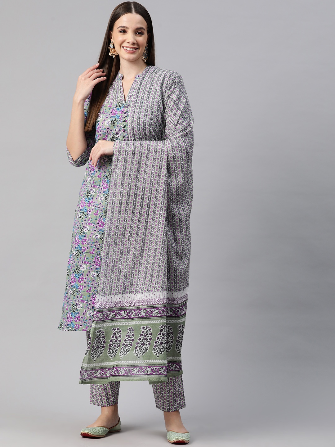 

Readiprint Floral Printed Pure Cotton Kurta with Trousers & Dupatta, Green