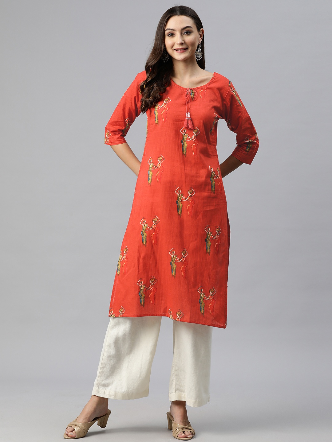 Readiprint Tribal Printed Pure Cotton Keyhole Neck Kurta, Red