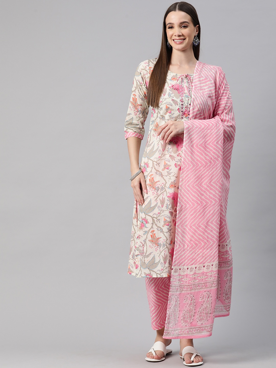 

Readiprint Floral Printed Thread Work Pure Cotton Kurta with Trousers & Dupatta, Pink
