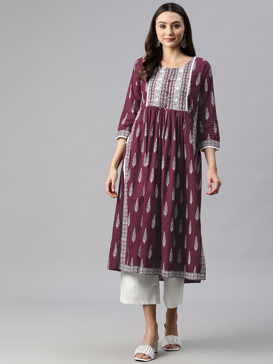

Readiprint Ethnic Motifs Printed Sequinned Pure Cotton A-Line Kurta, Burgundy