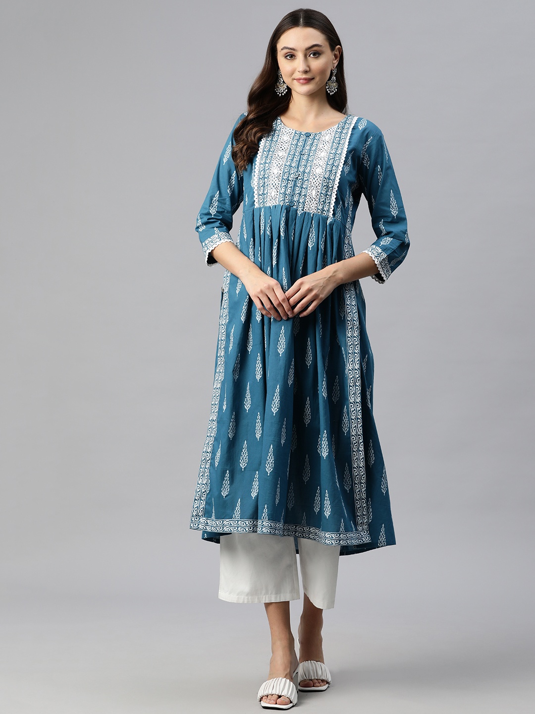 Readiprint Ethnic Motifs Printed Sequinned Pure Cotton A-Line Kurta, Teal