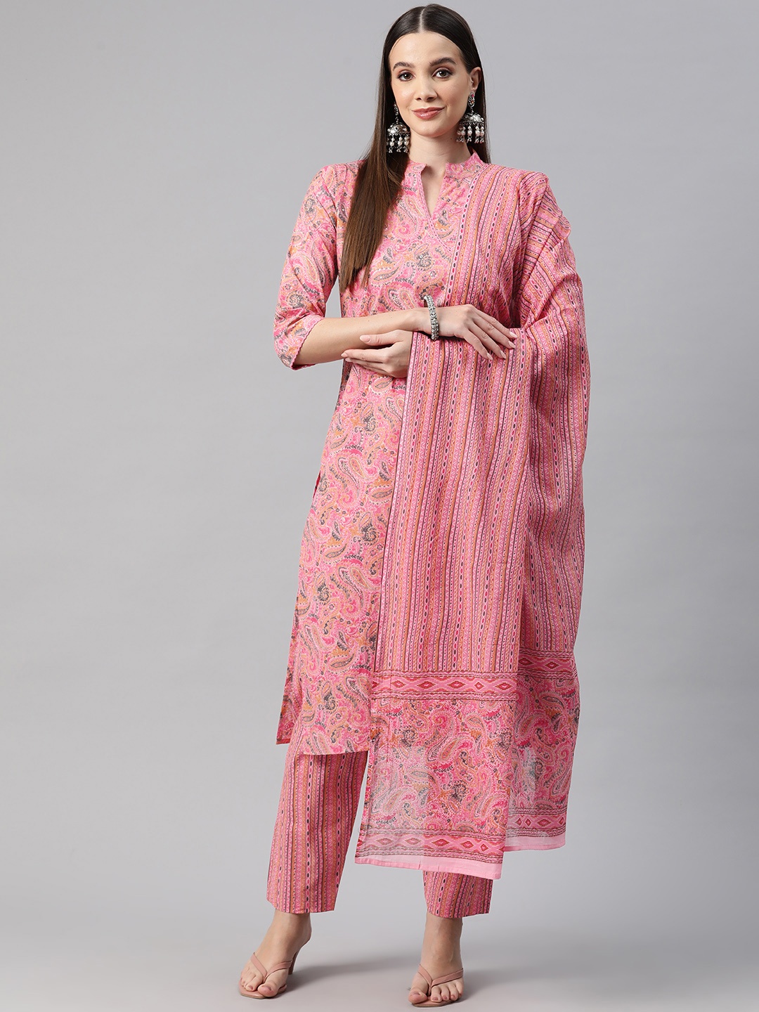 Readiprint Paisley Printed Angrakha Sequinned Pure Cotton Kurta Set, Pink