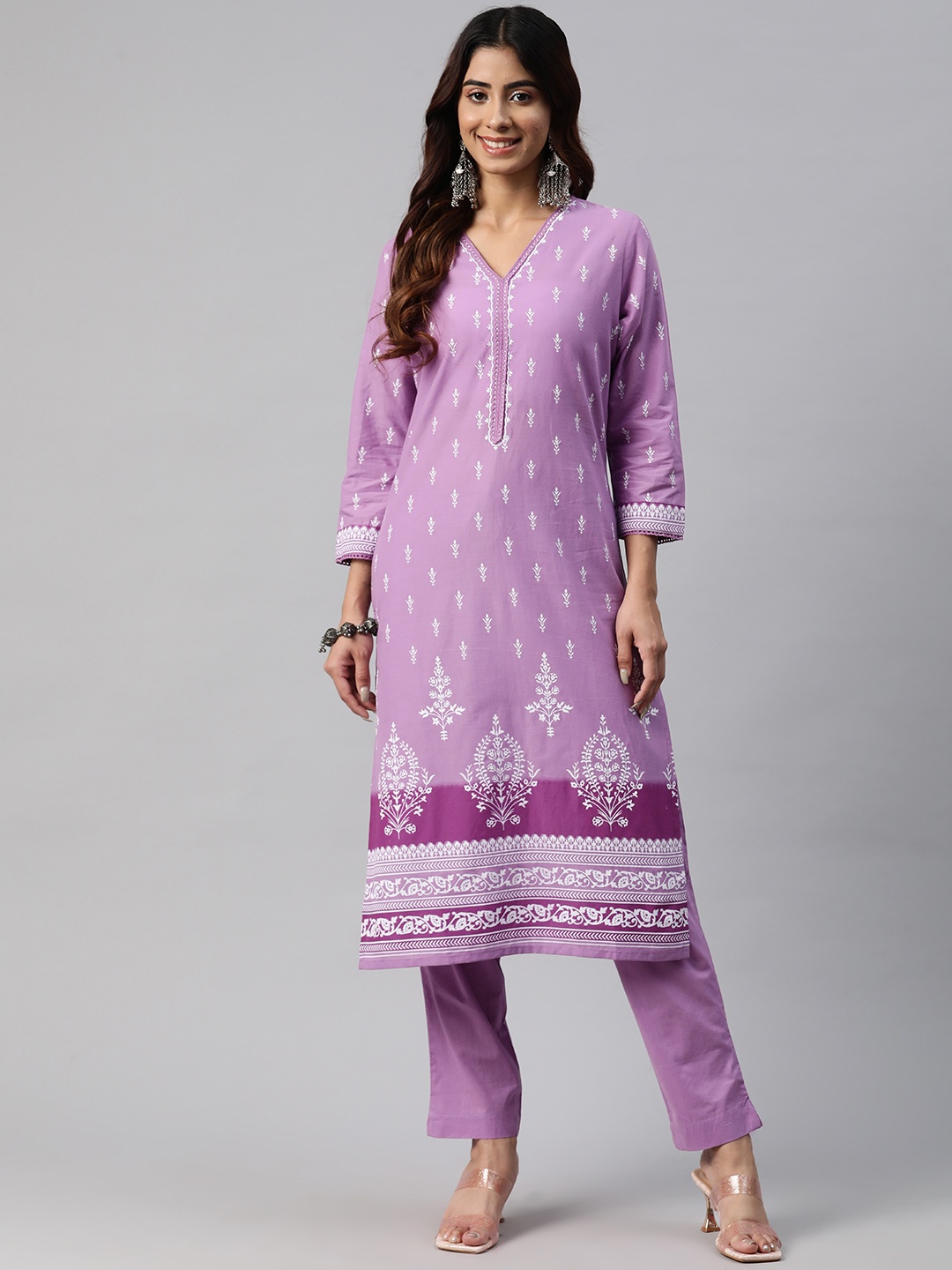 

Readiprint Ethnic Motifs Printed Sequinned Pure Cotton Kurta with Trousers, Purple