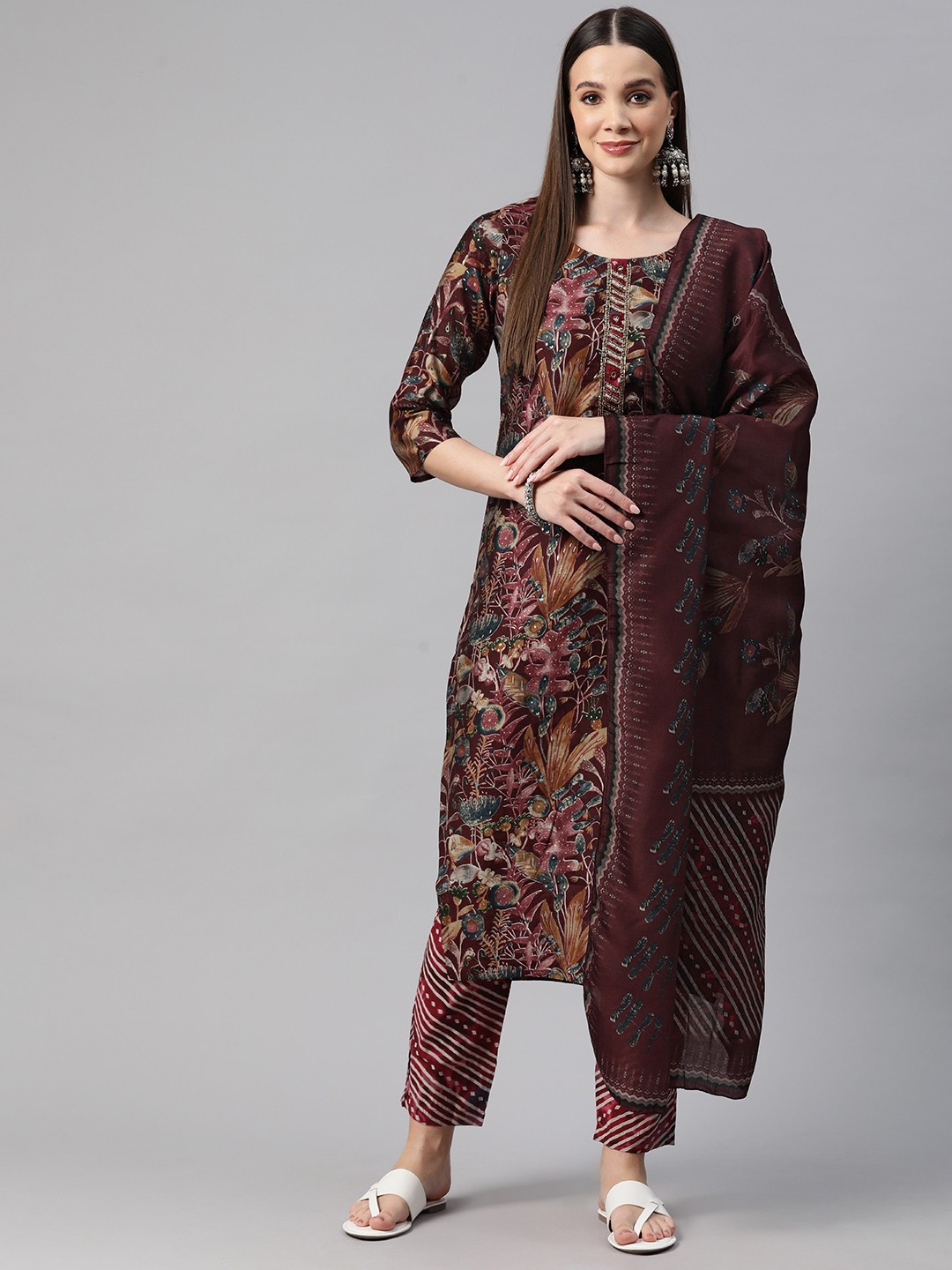 

Readiprint Fashions Floral Printed Beads & Stones Pure Silk Kurta with Trousers & Dupatta, Burgundy