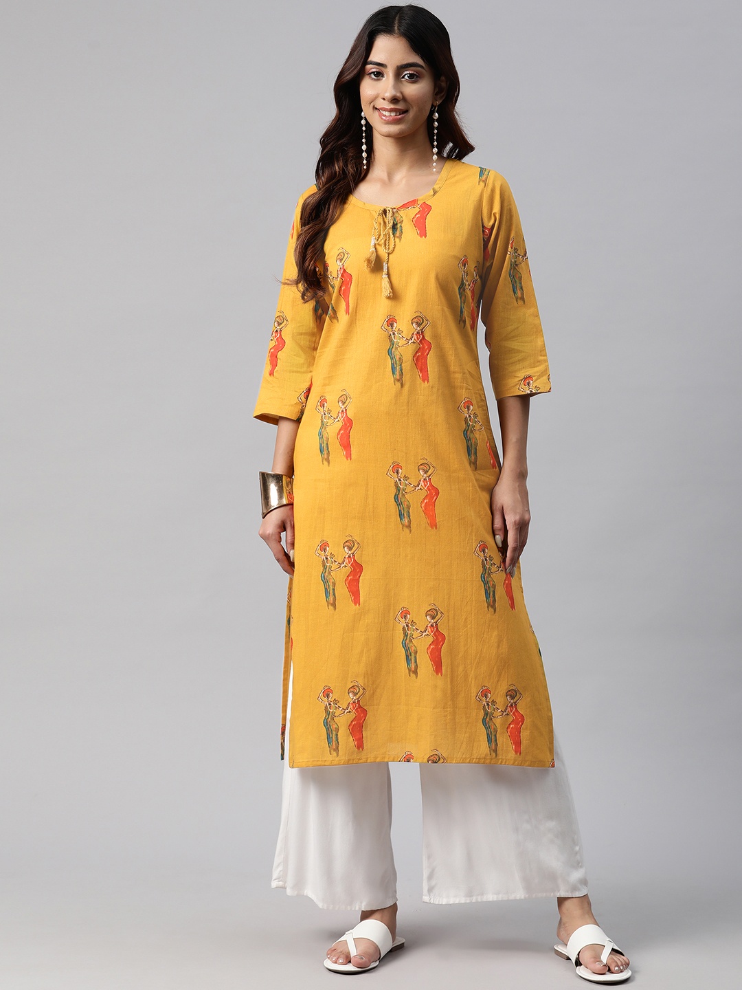 Readiprint Tribal Printed Pure Cotton Keyhole Neck Kurta, Mustard