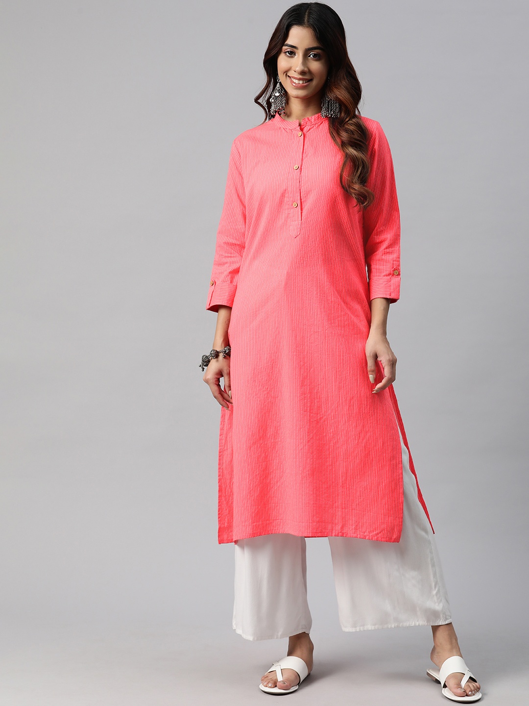 Readiprint Striped Pure Cotton Kurta, Pink