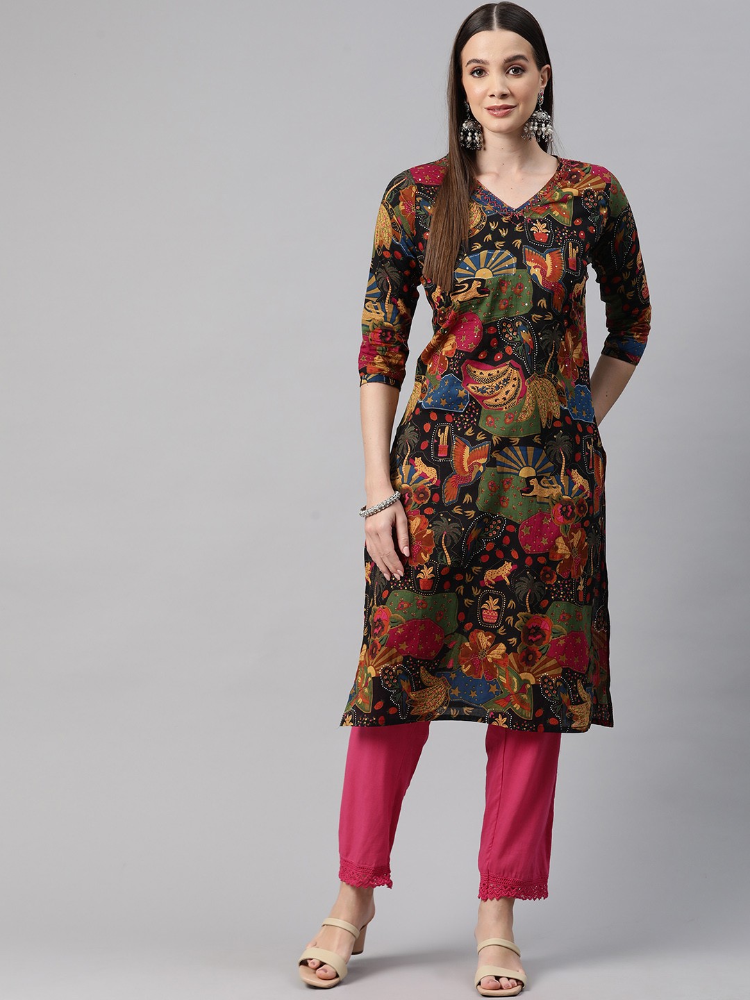 

Readiprint Fashions Floral Printed Sequinned Pure Cotton Kurta, Multi