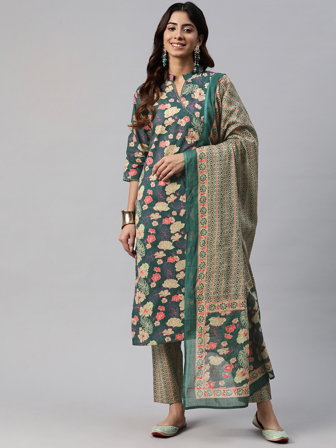 Readiprint Floral Printed Angrakha Sequinned Pure Cotton Kurta Set, Green