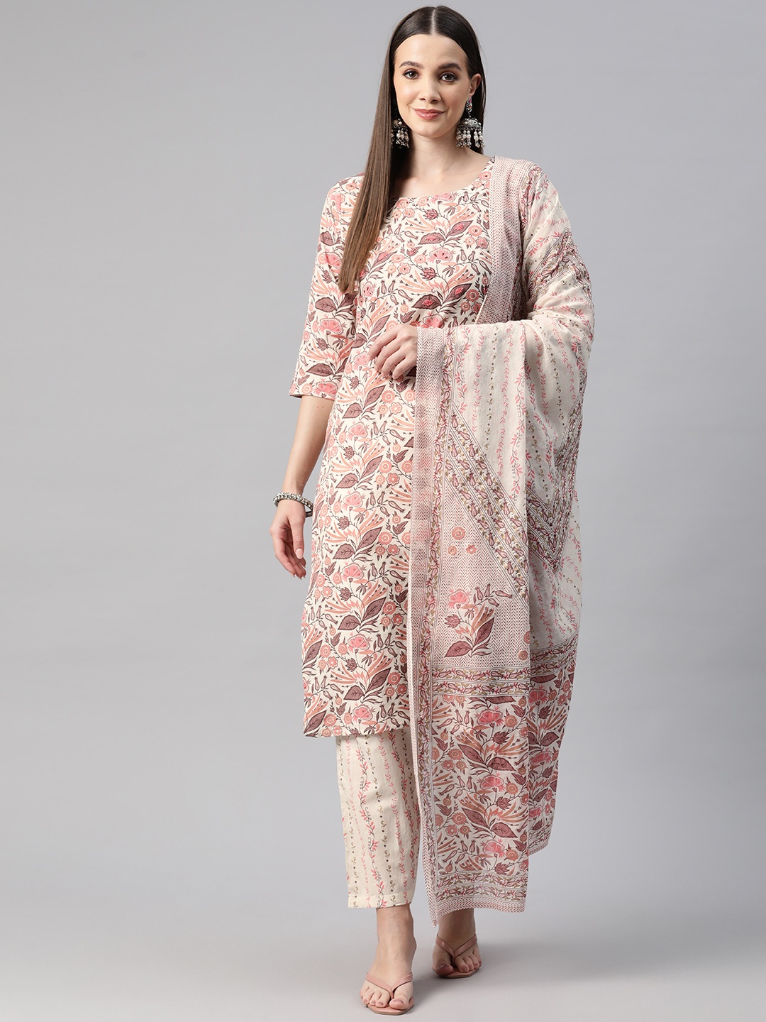 Readiprint Floral Printed Sequinned Pure Cotton Kurta with Trousers & Dupatta, Cream