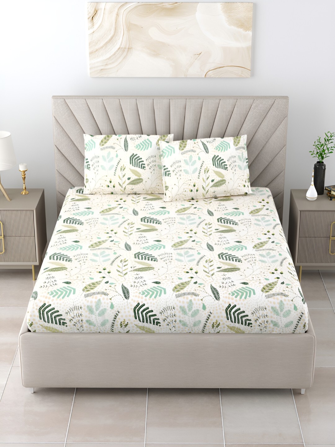 

BOMBAY DYEING Green & White Floral Cotton 180 TC King Bedsheet with 2 Pillow Covers