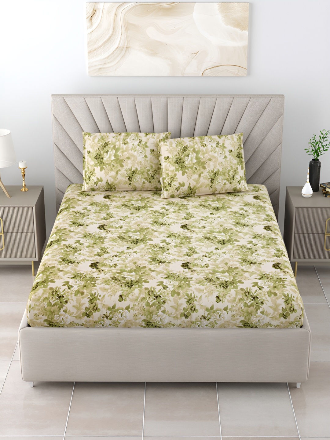 

BOMBAY DYEING Olive Green & Beige Floral Cotton 180 TC King Bedsheet with 2 Pillow Covers