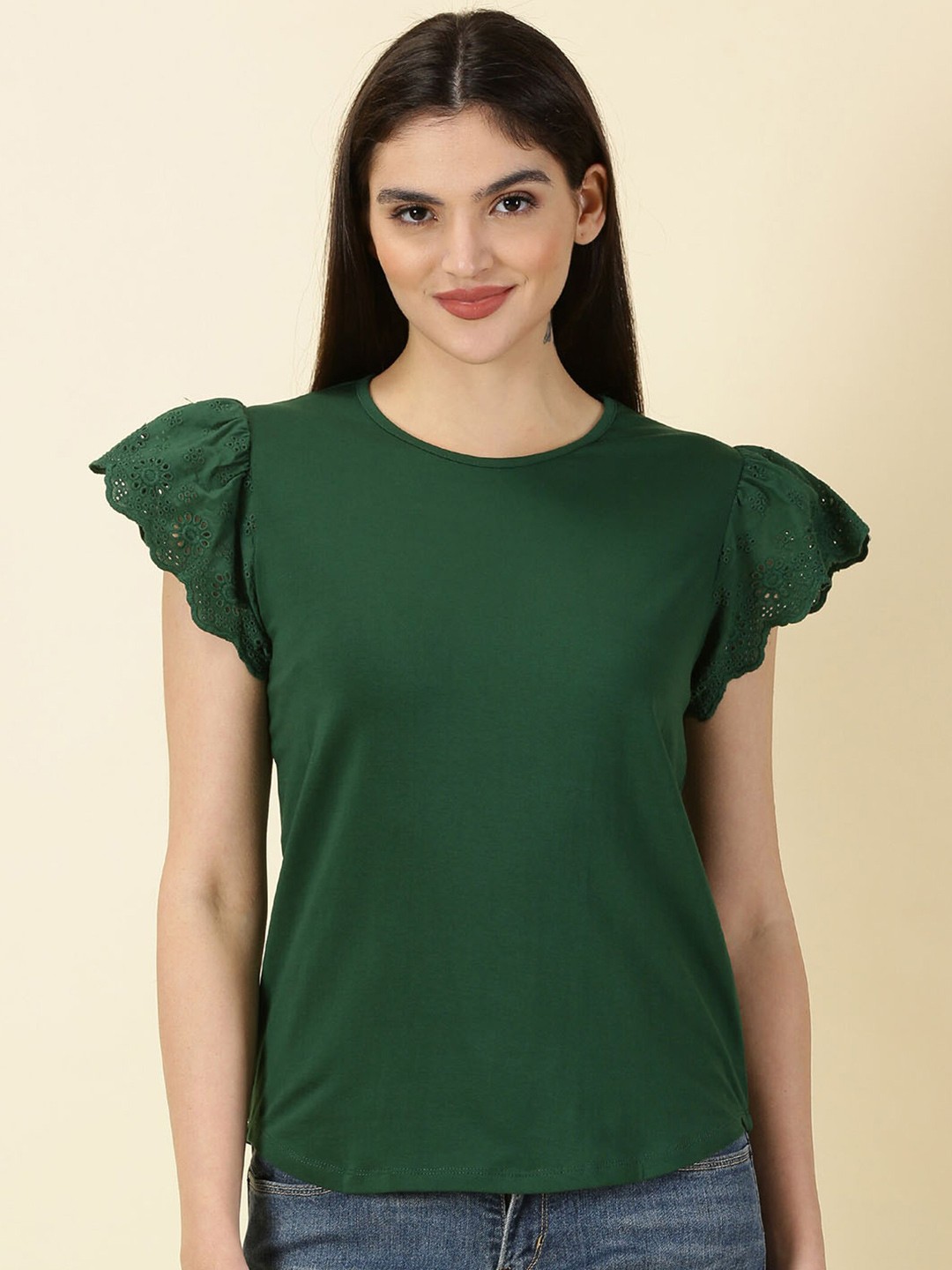 

PURPLE FLAUNT Flutter Sleeve Cotton Top, Green
