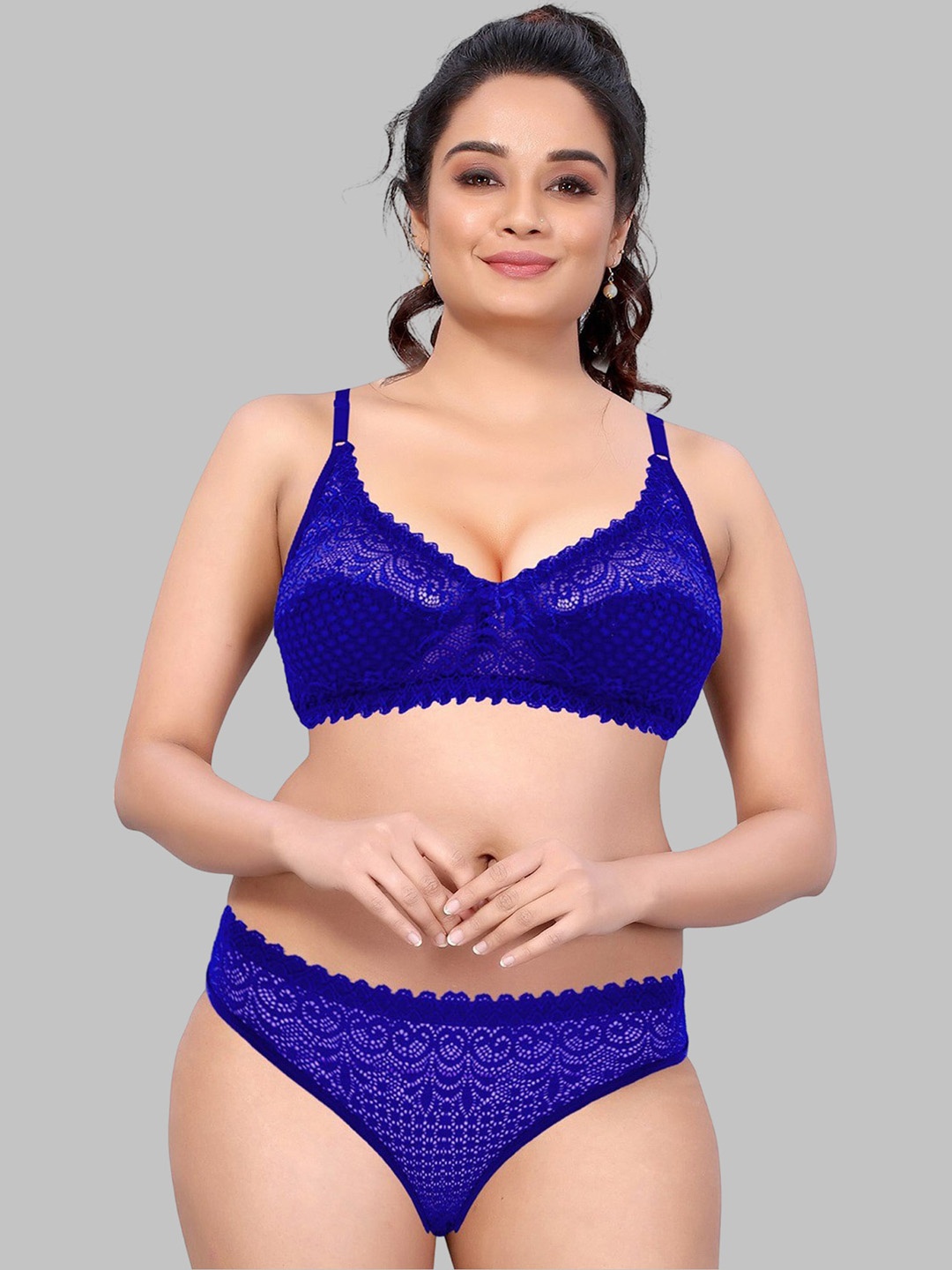 

DHANDAI FASHION Self Design Lace Non Padded Bra & Mid-Rise Brief, Blue