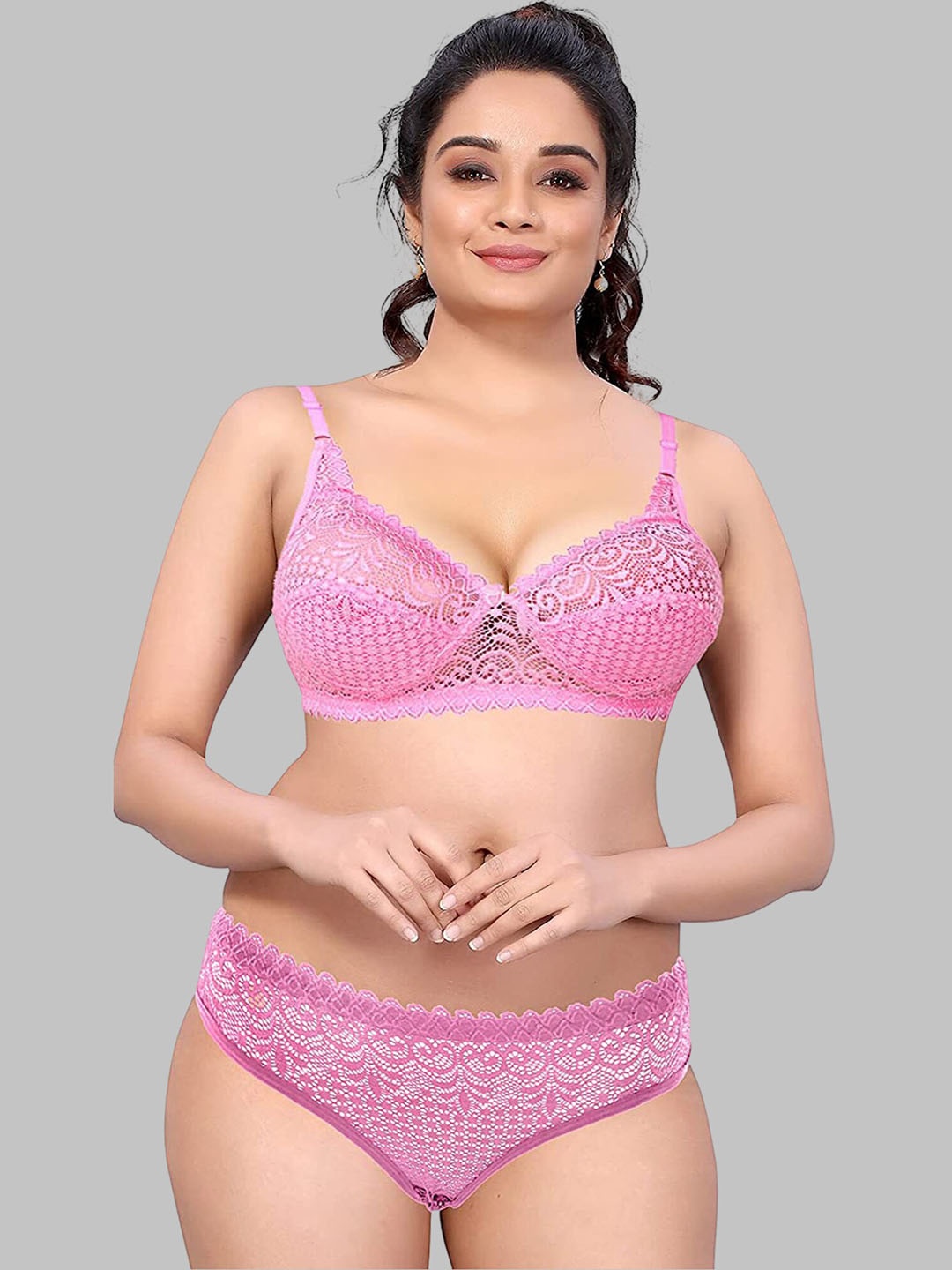 

DHANDAI FASHION Self Design Lace Lingerie Set, Pink