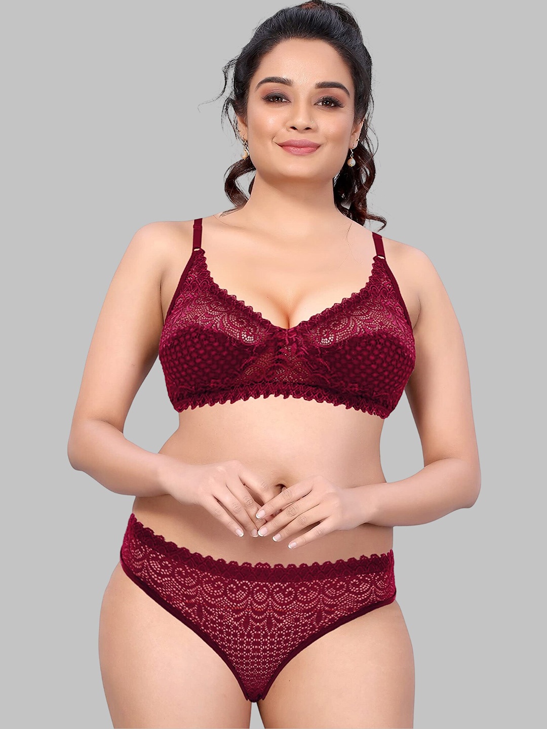 

DHANDAI FASHION Self Design Lace Non Padded Bra & Mid-Rise Brief, Maroon