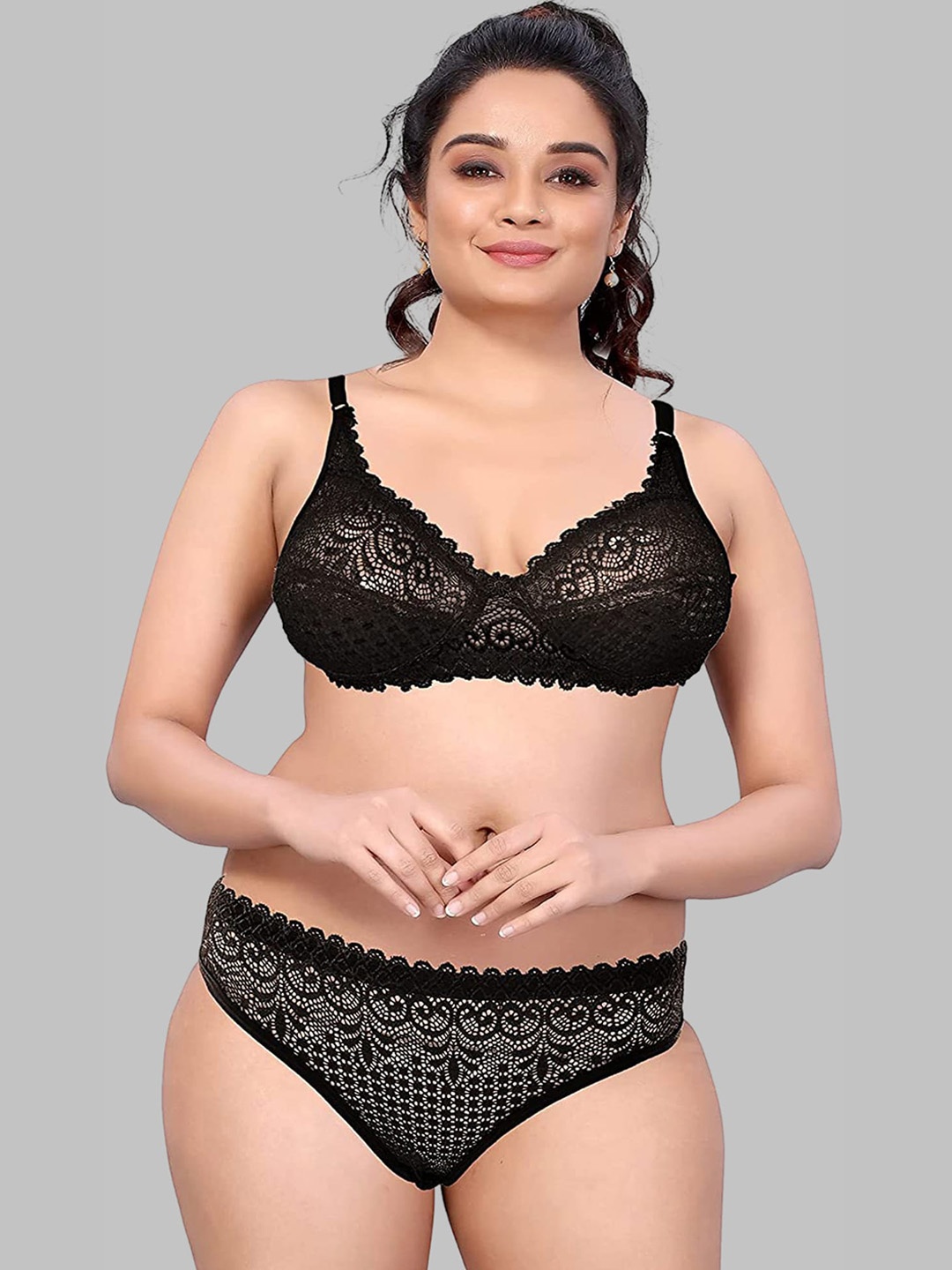 

DHANDAI FASHION Self Design Lace Lingerie Set, Black