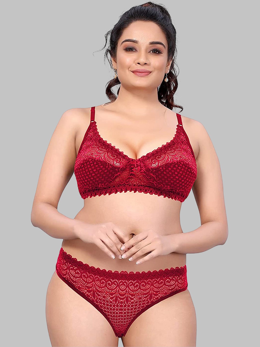 

DHANDAI FASHION Self Design Lace Non Padded Bra & Mid-Rise Brief, Red