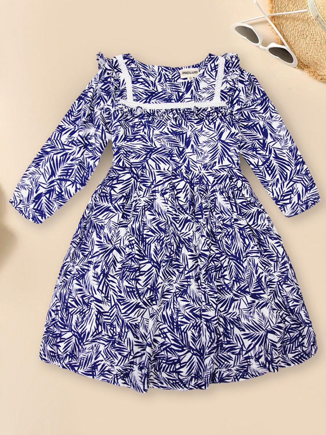 

INCLUD Girls Floral Print Fit & Flare Dress, Navy blue