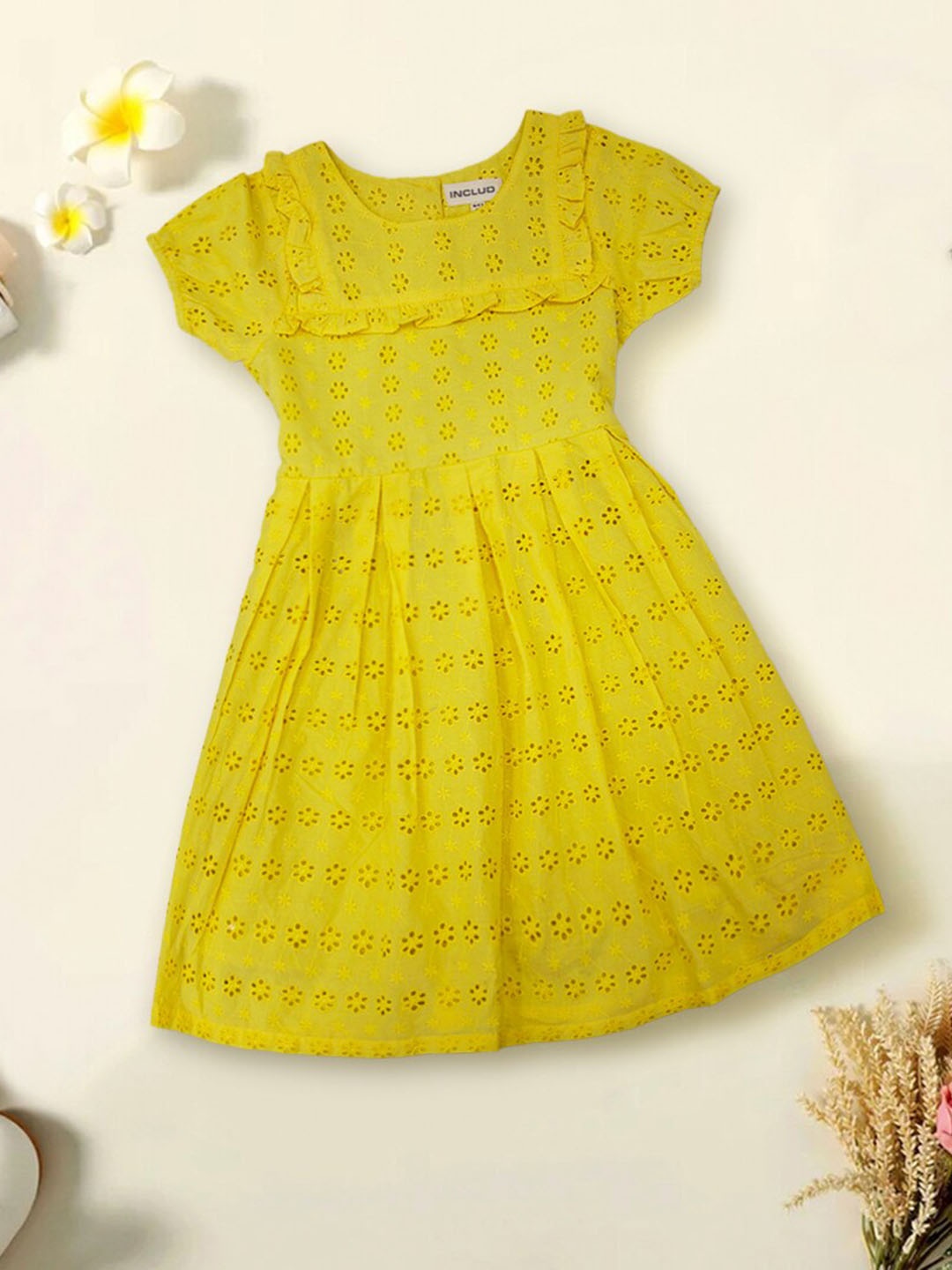 

INCLUD Girls Round Neck Short Sleeve Schiffli Fit & Flare Dress, Yellow
