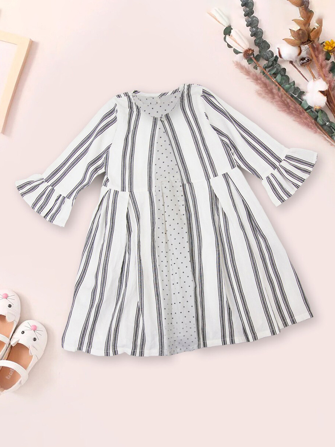 

INCLUD Girls Striped Flared Sleeve A-Line Dress, White
