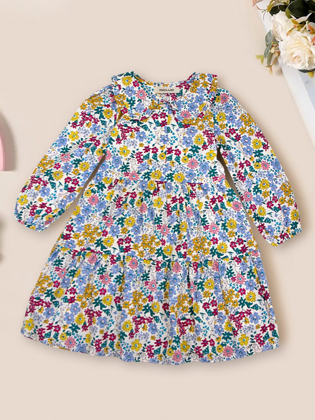 

INCLUD Girls Floral Printed Fit & Flare Dress, Blue